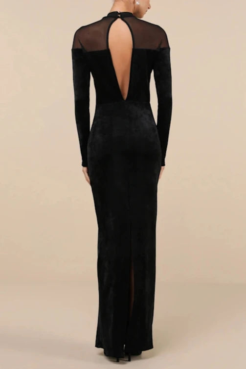 Vestidos formales Weitese para mujer, un ejemplo de estilo elegante, de terciopelo negro, cuello alto, manga larga y maxivestido en tiendas de vestidos de fiesta.